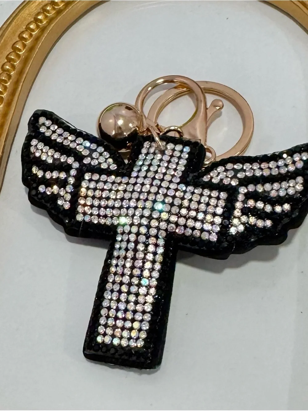 New Silver/Black Winged Crystal Cross Keychain